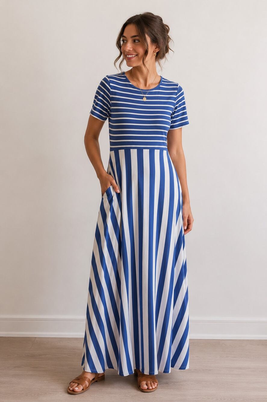 Matilda Jane Blue White Striped Maxi Dress Pockets Adult S